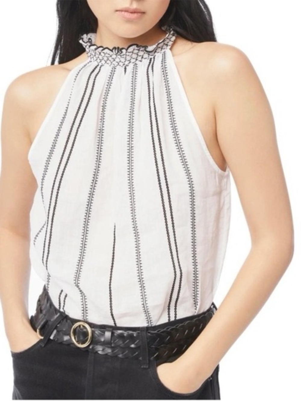 Frame Denim White Smocked Halter Top with Black Vertical Stripes